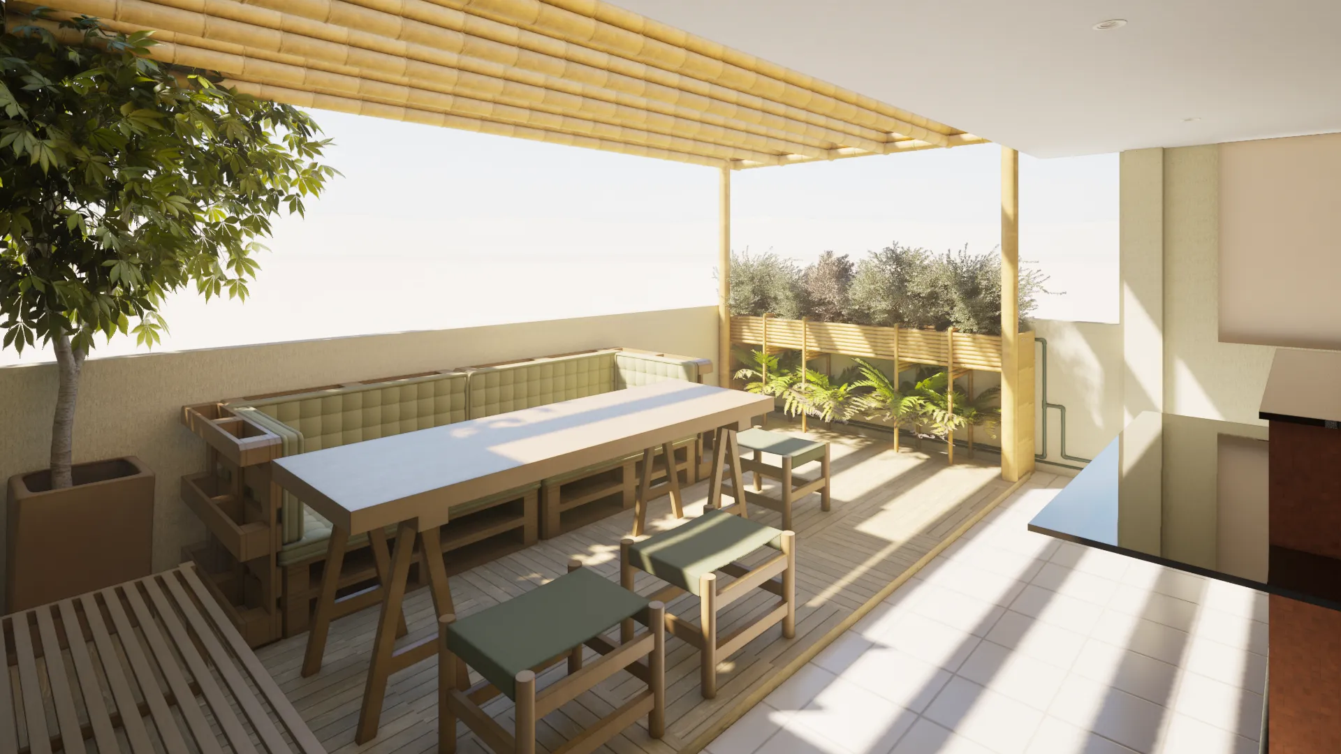 o terraço com o pergolado de bambu