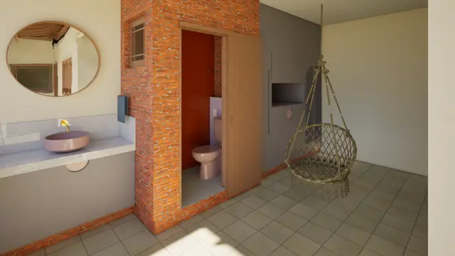 o lavabo de tijolinho e a cadeira de balanço